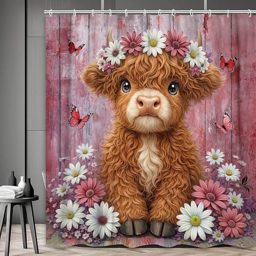 Cute Cow Shower Curtain, Farmhouse Rustic Pink Floral Daisy Highland Cow Shower Curtains for Bathroom, Calf Country Farm Animal Garden Plant Fabric Bathroom Decor with Hooks, 70x84 inch