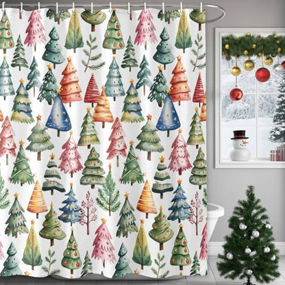 Christmas Tree Shower Curtain Bathroom Set Star Xmas Pine Trees Waterproof Shower Curtains with Grommets Hooks Colorful Cartoon Style Privacy Bath Curtain for Bathtub Decor 72x72in