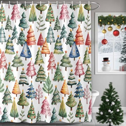 Christmas Tree Shower Curtain Bathroom Set Star Xmas Pine Trees Waterproof Shower Curtains with Grommets Hooks Colorful Cartoon Style Privacy Bath Curtain for Bathtub Decor 36x72in