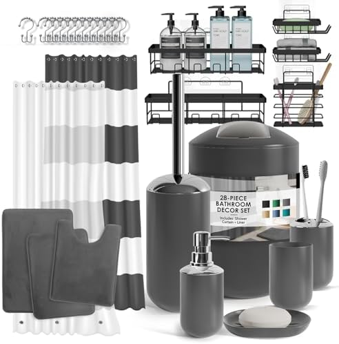 Clara Clark Bathroom Accessories Set - 28PC Bathroom Set with Adhesive Corner Shower Caddy Hanging, Bathroom Sets with Shower Curtain and Rugs, Grey Shower Curtain Set with Bathroom Trash Can