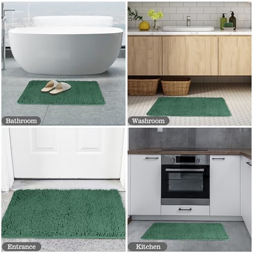 Yeaban Chenille Dark Green Bathroom Rug 17"x24", Non-Slip Rubber Backing