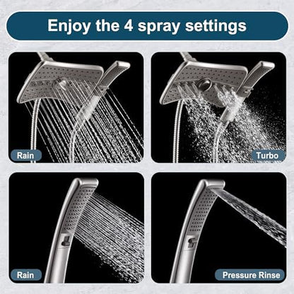 BRIGHT SHOWERS High Pressure Shower Head Combo with Two Spray Setting Fixed Shower Head and Two Spray Settings Handheld Shower Head with Grey Face, Brushed Nickel