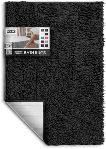 Hearth & Harbor Bathroom Rugs, Chenille Bath Mat - Machine Washable Bath Mats for Bathroom Non-Slip Backing Rubber, Quick Dry Bathroom Mat - Black 24x36