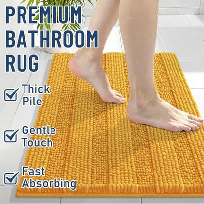 Grandaily Chenille Striped Bathroom Rugs 44x24, Extra Thick and Soft Absorbent Bath Mats, Rubber Backing, Plush Shaggy Shower Carpet, Machine Wash Dry, Bath Rug for Bathroom, Golden Yellow