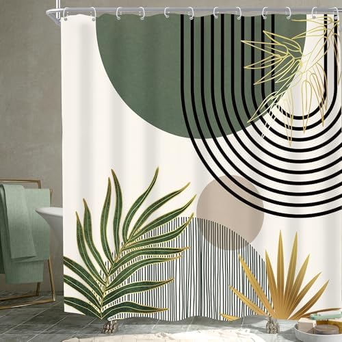 Mid Century Dark Green Boho Abstract Modern Bathroom Shower Curtain Set