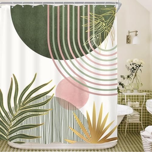 Mid Century Sage Green Pink Boho Abstract Bathroom Shower Curtain Set
