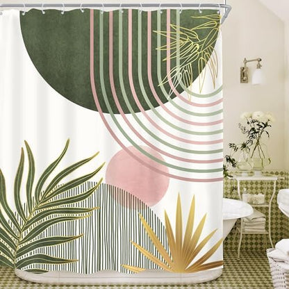 Mid Century Sage Green Pink Boho Abstract Bathroom Shower Curtain Set