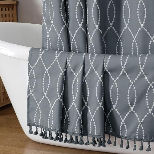 OVZME Dark Grey Shower Curtain for Bathroom, Puff Printed Textured Shower Curtain with Tassels, Rustic Geometry Heavy Duty Vintage Country Bathroom Curtain, Water Resistant Fabric, 72Wx72L Inches