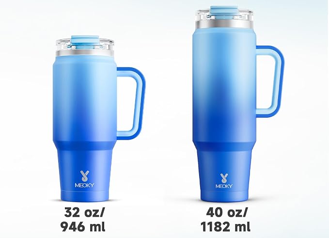 Meoky 40 oz Tumbler with Handle and Straw, Insulated Tumbler with Lid and Straw, Stainless Steel Travel Mug, Keeps Cold for 34 Hours, 100% Leak Proof, Fits in Car Cup Holder (Sky)