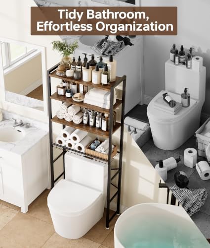 4-Tier Over-the-Toilet Storage Rack with One-Piece Wooden Shelves & Open Net Basket, Bathroom Organizer with Adjustable Feet & Anti-Tip Kit, Space-Saving Toilet Shelf, Brown, 24.4" x 9.4" x 69.3"