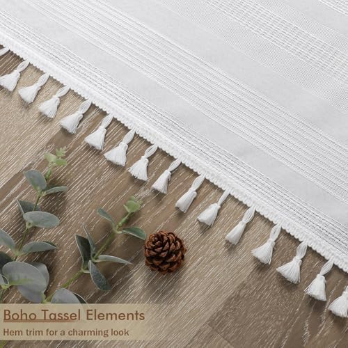 OVZME White Shower Curtain 78 Inch Long, Boho Farmhouse Thick Striped Fabric Hotel Shower Curtain with Tassel, Minimalist Textured Weighted Machine Washable Bathroom Decor, 72Wx78L Inches