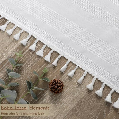 OVZME White Boho Stall Shower Curtain, Narrow Soft Fabric Striped Textured Bathroom Shower Curtain with Tassel, Modern Farmhouse Machine Washable Bath Decor, White, 36Wx72L Inches