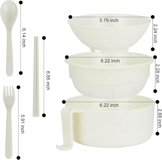 Ramen Bowl Set of 2, Ramen Cooker 33 oz, Ramen Bowls with Chopsticks and Spoon, Microwave Pasta Cooker, Ramen Bowl Microwave Gift College Dorm Essentials for Girls Guys (White)