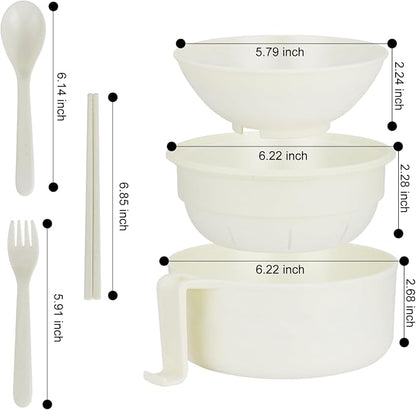 Ramen Bowl Set of 2, Ramen Cooker 33 oz, Ramen Bowls with Chopsticks and Spoon, Microwave Pasta Cooker, Ramen Bowl Microwave Gift College Dorm Essentials for Girls Guys (White)