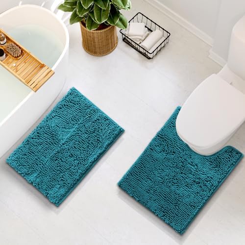Hearth & Harbor Bathroom Rugs, Chenille Bath Mat - Machine Washable Bath Mats for Bathroom Non-Slip Backing Rubber, Quick Dry Bathroom Mat - Teal Blue 17x24-20x24