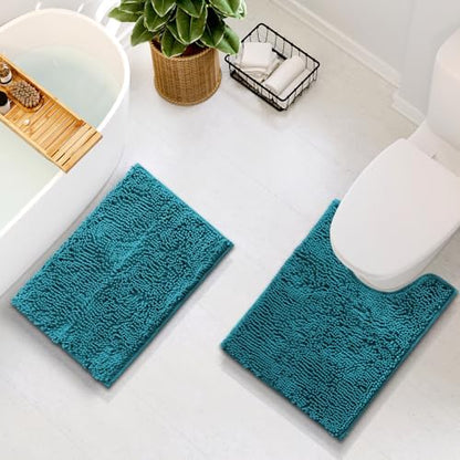 Hearth & Harbor Bathroom Rugs, Chenille Bath Mat - Machine Washable Bath Mats for Bathroom Non-Slip Backing Rubber, Quick Dry Bathroom Mat - Teal Blue 17x24-20x24