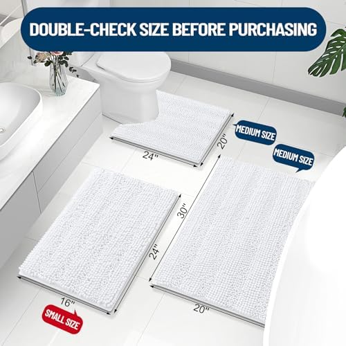 Grandaily Chenille Striped Bathroom Rugs 70x24, Extra Thick and Absorbent Bath Mats, Non-Slip Soft Plush Shaggy Shower Carpet, Machine Wash Dry, Bath Rug for Bathroom, White