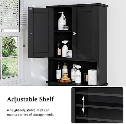 Over the Toilet Storage Cabinet for Bathroom, Black Bathroom Over Toilet Cabinet Freestanding Storage Organizer, Space Saver with Doors and Adjustable Shelf, Black