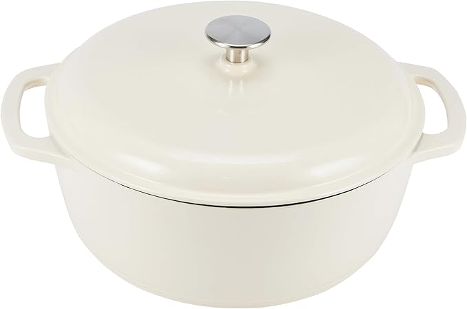 Amazon Basics Enameled Cast Iron Dutch Oven Pot with Lid, Round, Dual Handles, Heavy-Duty, Oven Safe for Stews, Roasting, Baking, 6-Quart, White