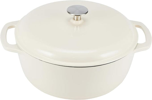Amazon Basics Enameled Cast Iron Dutch Oven Pot with Lid, Round, Dual Handles, Heavy-Duty, Oven Safe for Stews, Roasting, Baking, 6-Quart, White