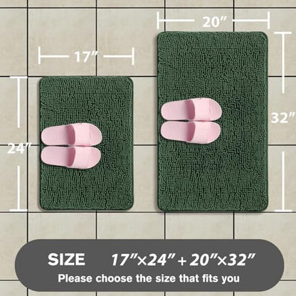 Dark Green Bathroom Rugs Sets 2 Piece – Absorbent and Washable Bath Mat, Non-Slip, Thick Soft Chenille Bath Rugs for Bathroom Floor, Shower, Sink - 17" x 24"+20" x 32"