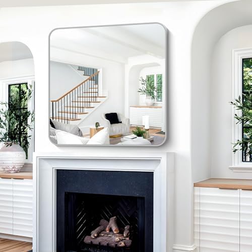 Silver Bathroom Mirror, 42 x 42 Inch Silver Square Mirror, Metal Framed Rectangular Vanity Mirror, Rounded Corner Wall Mounted Mirror for Living Room Bedroom Entryway Hangs Horizontal/Vertical