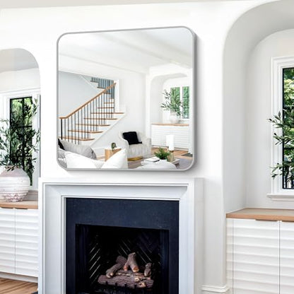 Silver Bathroom Mirror, 42 x 42 Inch Silver Square Mirror, Metal Framed Rectangular Vanity Mirror, Rounded Corner Wall Mounted Mirror for Living Room Bedroom Entryway Hangs Horizontal/Vertical