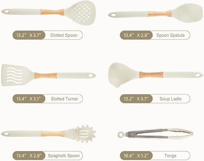 Kitchen Utensils Set - 7 PCS Non-Stick Silicone Cooking Utensils Set Spatula Set with Holder, Wooden Handle Spoon,Tongs,Whisk Kitchen Gadgets Tools Set for Nonstick Cookware (Cream White-7Max)
