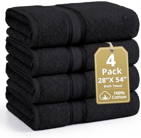 LANE LINEN Bath Towel Set 100% Cotton 4 Piece Soft Absorbent - Black