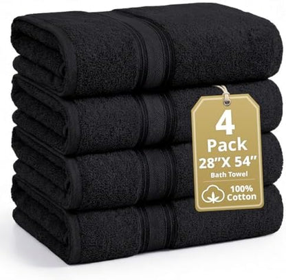 LANE LINEN Bath Towel Set 100% Cotton 4 Piece Soft Absorbent - Black