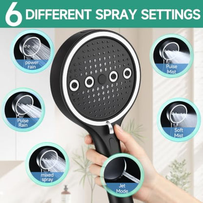 Handheld Shower Head with Hose, 6 Spray Settings, High Pressure, Chrome Finish, Rain, Pulse, Boost, Spray, Mix, Cleaning Modes (Black)