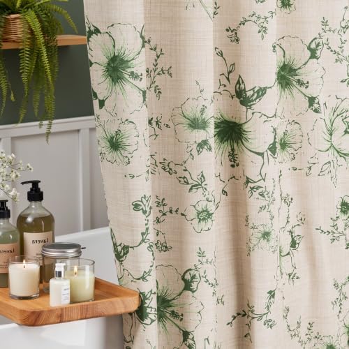 Vintage Green Floral Shower Curtain with 12 Clear Rings - 72" W x 72" L