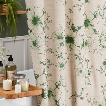 Vintage Green Floral Shower Curtain with 12 Clear Rings - 72" W x 72" L