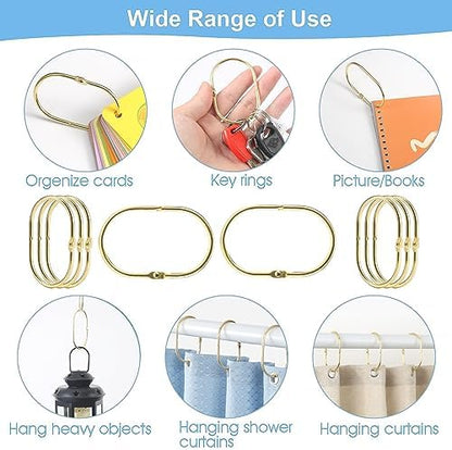 24 Pcs Shower Curtain Rings, Goowin Shower Curtain Hooks, Oval Snap Shower Rings for Curtain, Metal Gold Shower Curtain Rings Rust Proof, Glide Smoothly Shower Hooks for Shower Curtain Rod (Gold)
