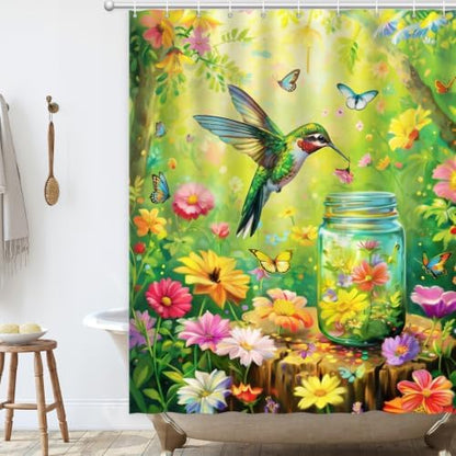 Floral Hummingbird Shower Curtain for Bathroom with Hooks Green 72x72