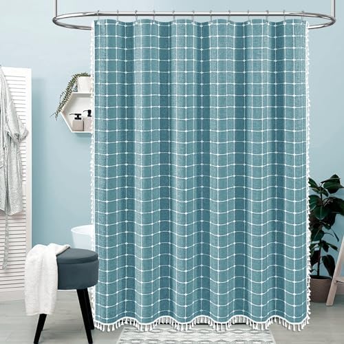 BTTN 72x78 Boho Farmhouse Linen Fabric Shower Curtain Set, Turquoise/Teal