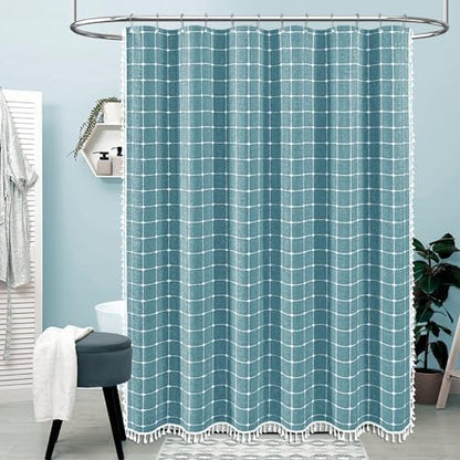 BTTN Long Boho Farmhouse Linen Cloth Shower Curtain, 72x84, Turquoise/Teal
