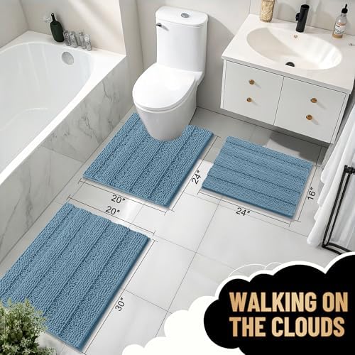 OLANLY Thick Bathroom Runner Rugs 47x20, Soft Chenille Bath Rugs, Airy Blue