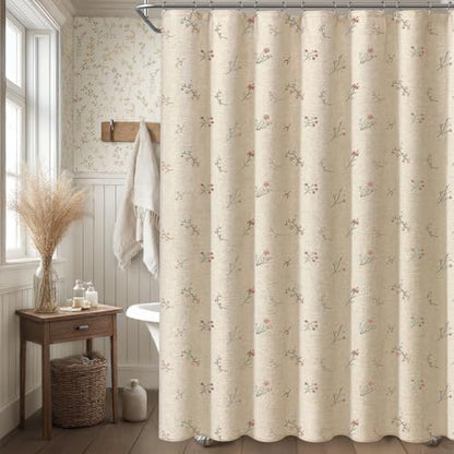 Floral Farmhouse Vintage Linen Shower Curtain Embroidered Textured 72Wx78H
