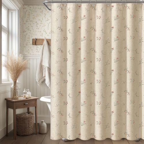 Floral Farmhouse Vintage Linen Shower Curtain Embroidered Textured 72Wx72H