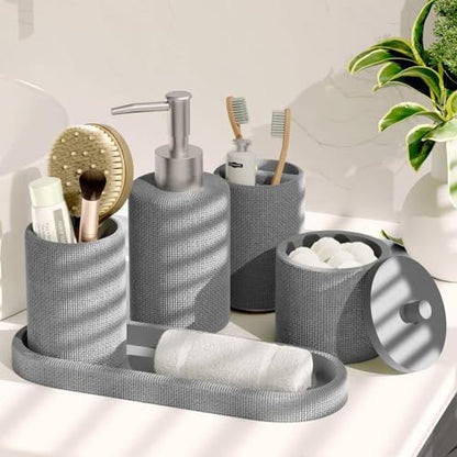 Clara Clark Bathroom Set - Grey Bathroom Accessories Set, 5PC Bathroom Accessory Set, Bathroom Sets with Soap Dispenser, Toothbrush Holder, Tumbler, Cotton Swab Jar & Vanity Tray