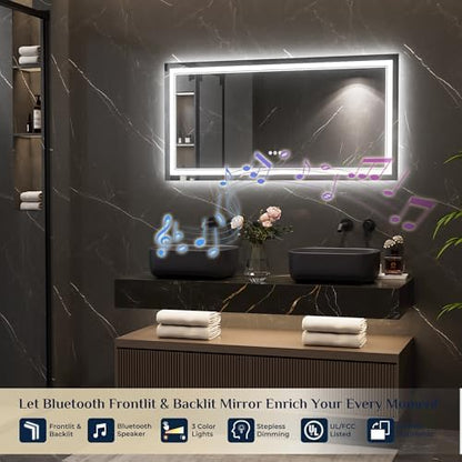 Keonjinn 48" x 24" LED Bathroom Mirror with Lights, Bluetooth Speaker