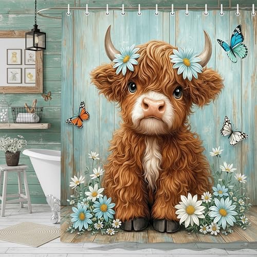 Cute Cow Shower Curtain, Farmhouse Rustic Floral Teal Daisy Funny Highland Cow Shower Curtains for Bathroom, Calf Country Plant Farm Animal Bathroom Decor with Hooks, 70x72 inch