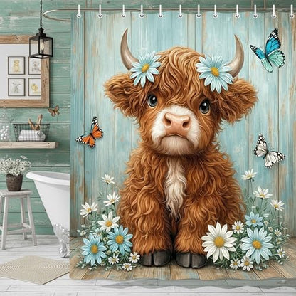 Cute Cow Shower Curtain, Farmhouse Rustic Floral Teal Daisy Funny Highland Cow Shower Curtains for Bathroom, Calf Country Plant Farm Animal Bathroom Decor with Hooks, 70x72 inch