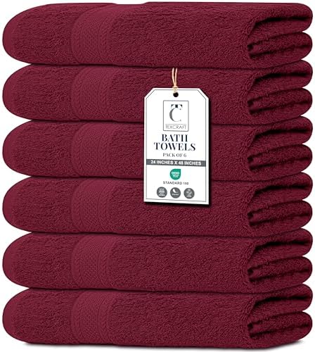 Premium Bath Towel Set - 24 x 48 Pack of 6 100% Cotton Terry Towels for Bathroom - Quick Dry - Highly Absorbent - Soft Feel - Pool - Spa - Gym - Hand Towel for Daily Use - Burgundy