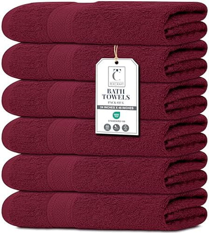Premium Bath Towel Set - 24 x 48 Pack of 6 100% Cotton Terry Towels for Bathroom - Quick Dry - Highly Absorbent - Soft Feel - Pool - Spa - Gym - Hand Towel for Daily Use - Burgundy