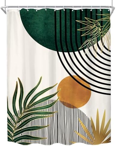 KOMLLEX Mid Century Green Boho Abstract Modern Bathroom Shower Curtain Set