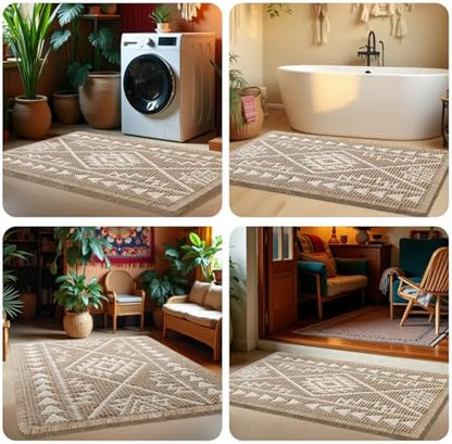 Waffle Bath Mat, Boho Woven Modern Bath Rug Absorbent Non Slip, Ultra Soft Bathroom Mats, Machine Washable Knit Bath Rugs with Triangle Border for Bathroom, Bedroom, Kitchen, 36"x24", Beige & White