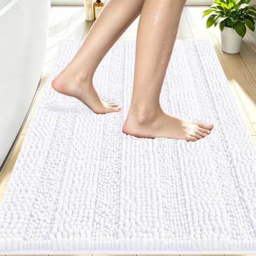 Smiry Thick Chenille Bathroom Rugs 30x20, Soft Absorbent Bath Mat, White