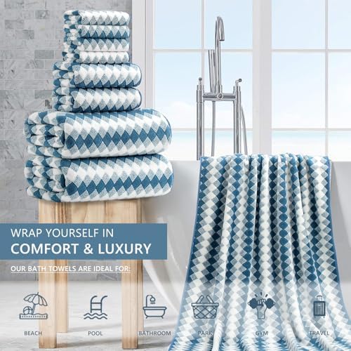 8 Piece Bathroom Towel Set |2 Oversized Bath Towels,2 Hand Towels,4 Washcloths| 600GSM Soft Hotel Towel Set Large Bath Sheet for Bathroom,Highly Absorbent Quick Dry Bath Towel Collections,Blue